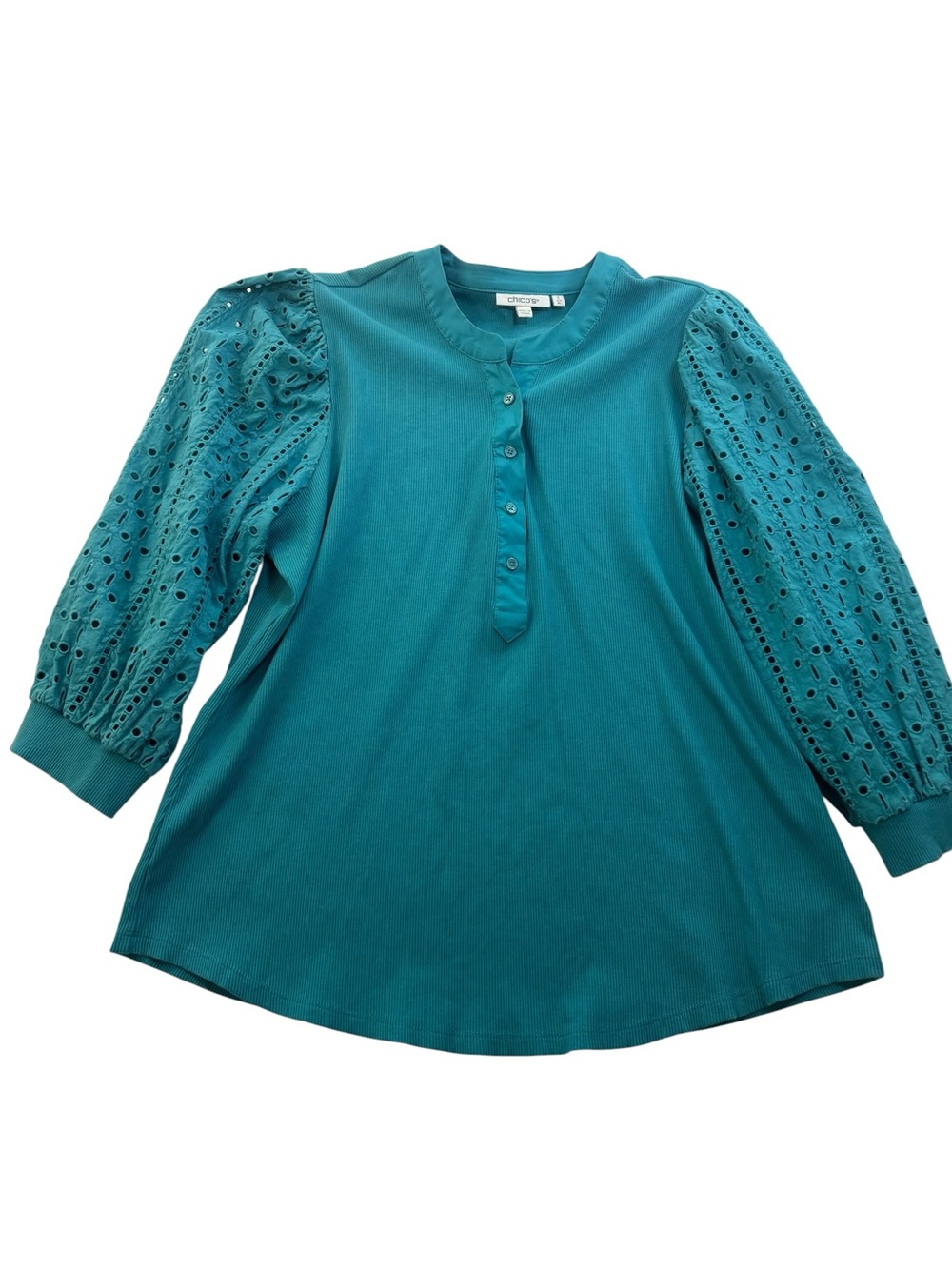 Chico's Henley Top Womens 3 XL Teal Ribbed Knit Eyelet Puff 3/4 Sleeve